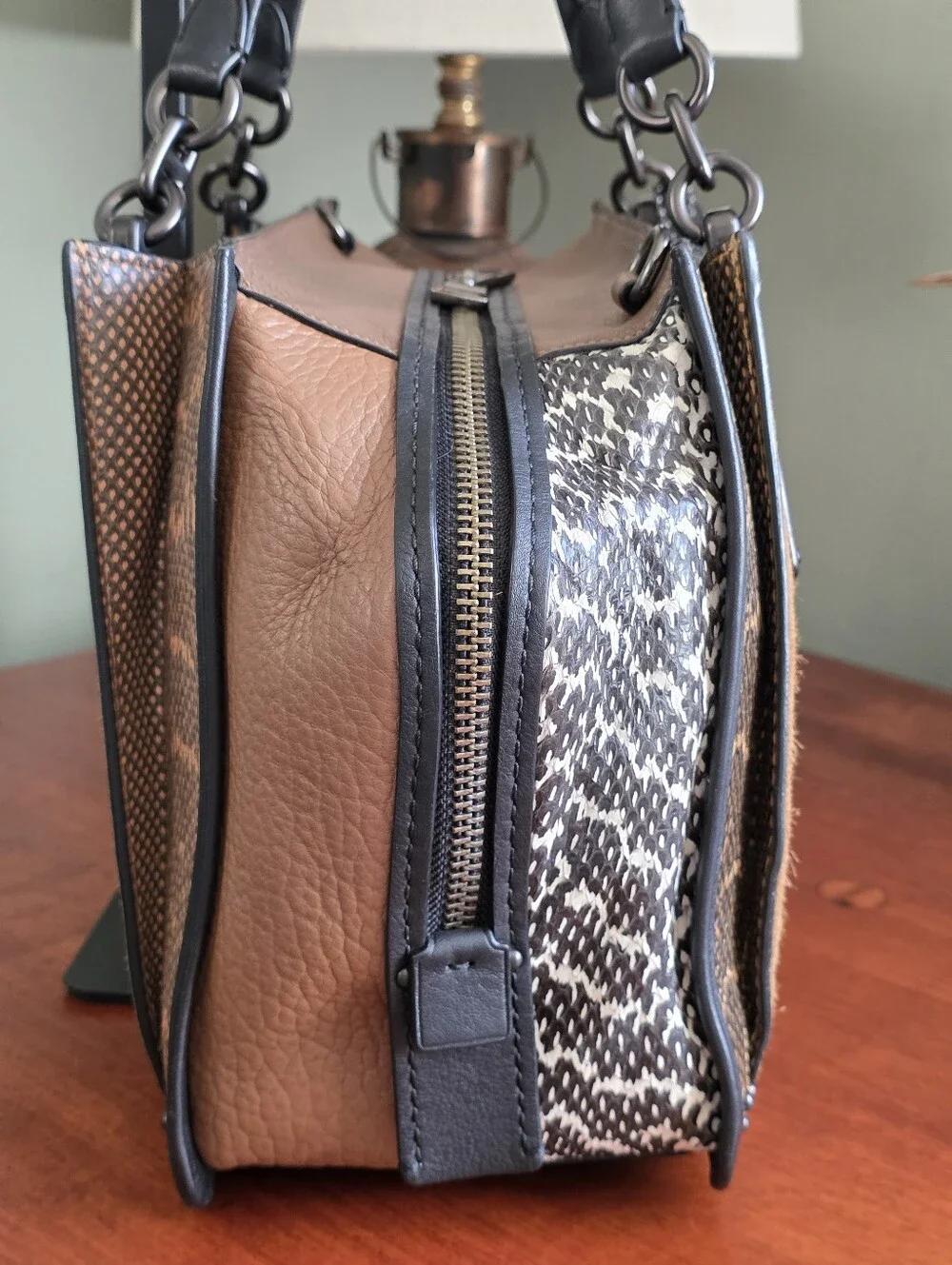Coach Dreamer 36 37130 Colorblock Tan Suede Leather Snakeskin Satchel Bag